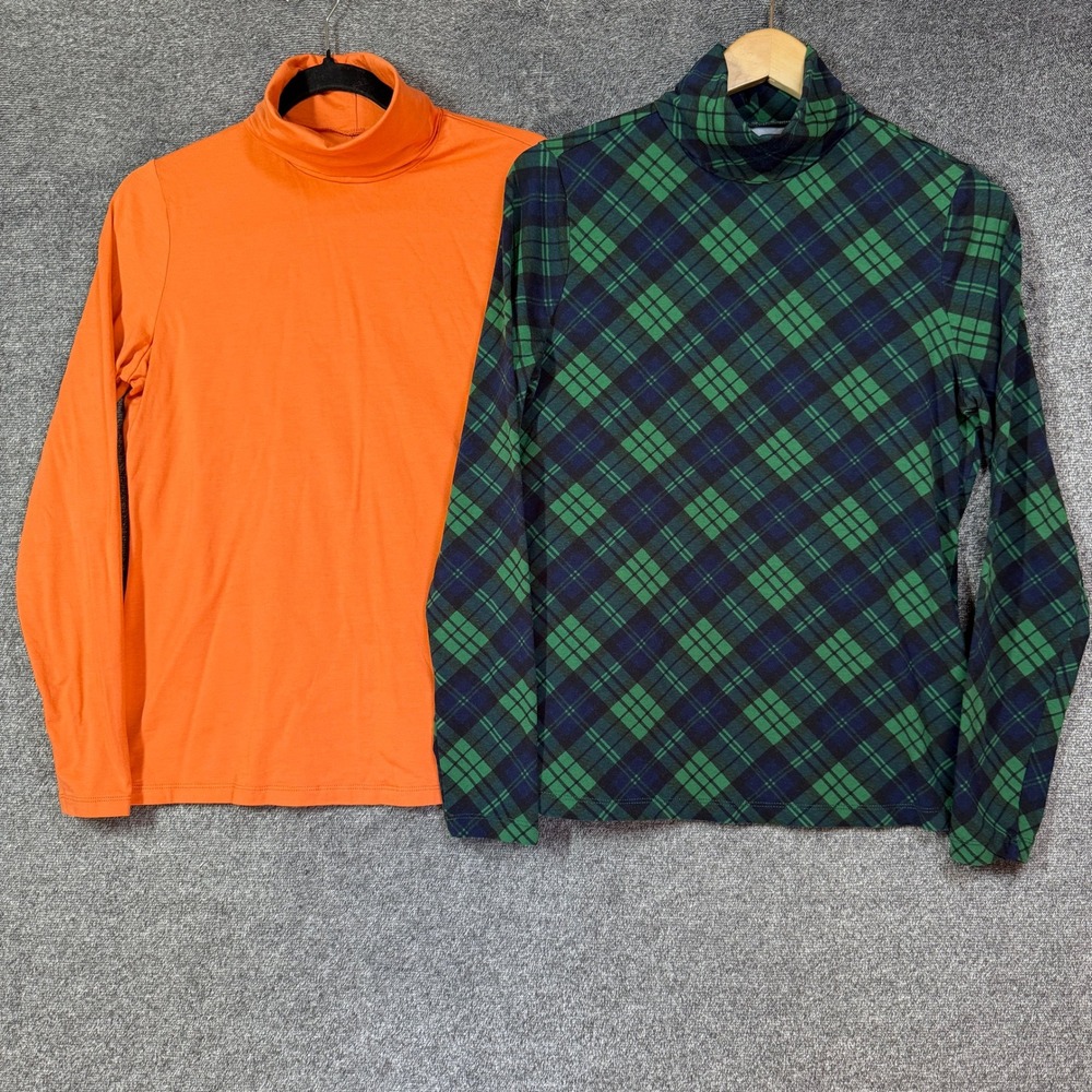 Lands End Turtleneck Top Lot 2 Piece Orange Green Plaid Womens M 10-12